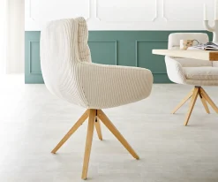 EsszimmerstuhlAbelia-Flex mit Armlehnen Cord Beige Holzgestell kantig Natur 360° drehbar Versandfertig ca. 28.10.26