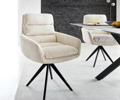 EsszimmerstuhlAbelia-Flex mit Armlehnen Cord Beige Kreuzgestell kantig Schwarz Sofort versandfertig
