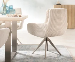 EsszimmerstuhlAbelia-Flex mit Armlehnen Cord Beige Kreuzgestell kantig Edelstahl Sofort versandfertig