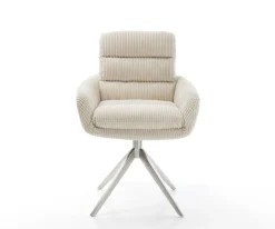 EsszimmerstuhlAbelia-Flex mit Armlehnen Cord Beige Kreuzgestell breit Edelstahl Sofort versandfertig