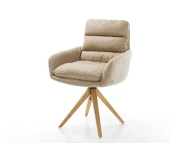 EsszimmerstuhlAbelia-Flex mit Armlehnen Mikrofaser Beige Vintage Holzgestell kantig Natur 360° drehbar Versandfertig ca. 28.10.26