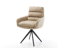 EsszimmerstuhlAbelia-Flex mit Armlehnen Mikrofaser Beige Vintage Kreuzgestell kantig Schwarz Sofort versandfertig
