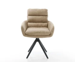 EsszimmerstuhlAbelia-Flex mit Armlehnen Mikrofaser Beige Vintage Kreuzgestell kantig Schwarz Sofort versandfertig