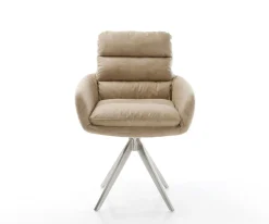 EsszimmerstuhlAbelia-Flex mit Armlehnen Mikrofaser Beige Vintage Kreuzgestell kantig Edelstahl Sofort versandfertig