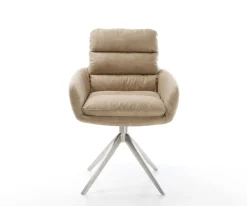 EsszimmerstuhlAbelia-Flex mit Armlehnen Mikrofaser Beige Vintage Kreuzgestell breit Edelstahl Sofort versandfertig