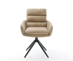 EsszimmerstuhlAbelia-Flex mit Armlehnen Mikrofaser Beige Vintage Kreuzgestell breit Schwarz Sofort versandfertig