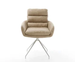 EsszimmerstuhlAbelia-Flex mit Armlehnen Mikrofaser Beige Vintage Kreuzgestell konisch Edelstahl Sofort versandfertig