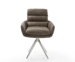 EsszimmerstuhlAbelia-Flex mit Armlehnen Mikrofaser Taupe Vintage Kreuzgestell kantig Edelstahl Sofort versandfertig