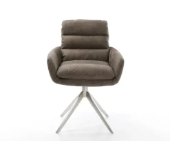EsszimmerstuhlAbelia-Flex mit Armlehnen Mikrofaser Taupe Vintage Kreuzgestell breit Edelstahl Sofort versandfertig