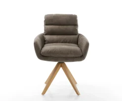 EsszimmerstuhlAbelia-Flex mit Armlehnen Mikrofaser Taupe Vintage Holzgestell kantig Natur 360° drehbar Versandfertig ca. 28.10.26