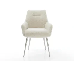 EsszimmerstuhlAlja-Flex mit Armlehnen Teddystoff Beige 4-Fuß konisch Edelstahl Taschenfederkern Sofort versandfertig
