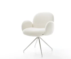 EsszimmerstuhlNube-Flex mit Armlehnen Bouclé Soft Beige Kreuzgestell konisch Edelstahl Taschenfederkern Sofort versandfertig
