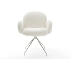 EsszimmerstuhlNube-Flex mit Armlehnen Bouclé Soft Beige Kreuzgestell konisch Edelstahl Taschenfederkern Sofort versandfertig