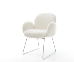 EsszimmerstuhlNube-Flex mit Armlehnen Bouclé Soft Beige Kufengestell Edelstahl Taschenfederkern Sofort versandfertig
