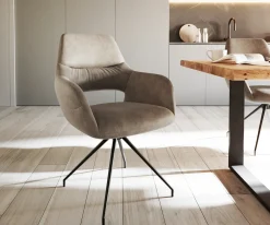 EsszimmerstuhlYago-Flex mit Armlehnen Mikrofaser Taupe Vintage Kreuzgestell konisch Schwarz Taschenfederkern Sofort versandfertig