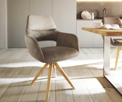 EsszimmerstuhlYago-Flex mit Armlehnen Mikrofaser Taupe Vintage Holzgestell kantig Natur 360° drehbar Taschenfederkern Versandfertig ca. 28.10.26