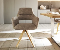 EsszimmerstuhlYago-Flex mit Armlehnen Mikrofaser Taupe Vintage Holzgestell kantig Natur 360° drehbar Taschenfederkern Versandfertig ca. 28.10.26