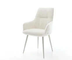 EsszimmerstuhlZelia-Flex mit Armlehnen Bouclé Soft Beige 4-Fuß konisch Edelstahl Taschenfederkern Sofort versandfertig