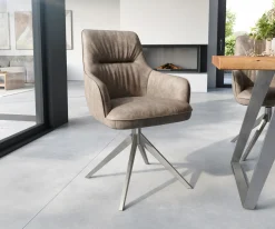 EsszimmerstuhlZelia-Flex mit Armlehnen Mikrofaser Taupe Vintage Kreuzgestell breit Edelstahl Taschenfederkern Sofort versandfertig