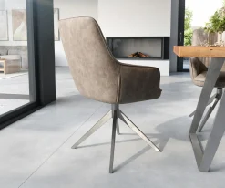 EsszimmerstuhlZelia-Flex mit Armlehnen Mikrofaser Taupe Vintage Kreuzgestell breit Edelstahl Taschenfederkern Sofort versandfertig