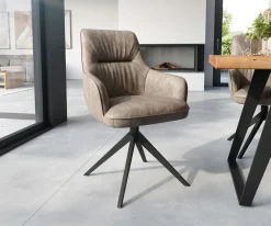 EsszimmerstuhlZelia-Flex mit Armlehnen Mikrofaser Taupe Vintage Kreuzgestell breit Schwarz Taschenfederkern Sofort versandfertig
