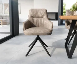 EsszimmerstuhlZelia-Flex mit Armlehnen Mikrofaser Taupe Vintage Kreuzgestell breit Schwarz Taschenfederkern Sofort versandfertig