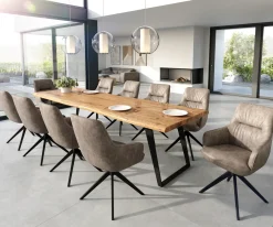 EsszimmerstuhlZelia-Flex mit Armlehnen Mikrofaser Taupe Vintage Kreuzgestell breit Schwarz Taschenfederkern Sofort versandfertig