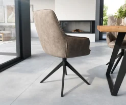 EsszimmerstuhlZelia-Flex mit Armlehnen Mikrofaser Taupe Vintage Kreuzgestell breit Schwarz Taschenfederkern Sofort versandfertig