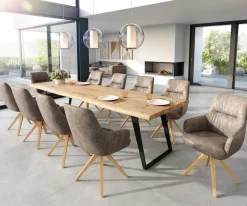 EsszimmerstuhlZelia-Flex mit Armlehnen Mikrofaser Taupe Vintage Holzgestell kantig Natur 360° drehbar Taschenfederkern Versandfertig ca. 28.10.26