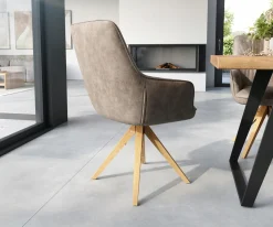 EsszimmerstuhlZelia-Flex mit Armlehnen Mikrofaser Taupe Vintage Holzgestell kantig Natur 360° drehbar Taschenfederkern Versandfertig ca. 28.10.26