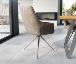 EsszimmerstuhlZelia-Flex mit Armlehnen Mikrofaser Taupe Vintage Kreuzgestell konisch Edelstahl Taschenfederkern Sofort versandfertig