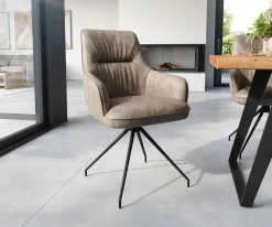 EsszimmerstuhlZelia-Flex mit Armlehnen Mikrofaser Taupe Vintage Kreuzgestell konisch Schwarz Taschenfederkern Sofort versandfertig