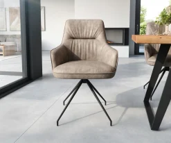 EsszimmerstuhlZelia-Flex mit Armlehnen Mikrofaser Taupe Vintage Kreuzgestell konisch Schwarz Taschenfederkern Sofort versandfertig