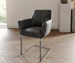 FreischwingerXana-Flex mit Armlehnen Mikrofaser Anthrazit Vintage Freischwinger flach Edelstahl Taschenfederkern Sofort versandfertig
