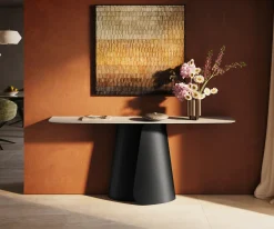 KonsolentischEdge Boot 180x40 cm Keramik Laminam® Travertino Bianco Creme-Weiß Livos Metall Schwarz Sofort versandfertig