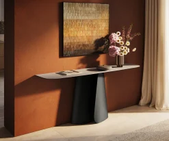 KonsolentischEdge Boot 180x40 cm Keramik Laminam® Travertino Bianco Creme-Weiß Livos Metall Schwarz Sofort versandfertig