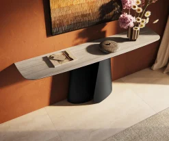 KonsolentischEdge Boot 180x40 cm Keramik Laminam® Travertino Bianco Creme-Weiß Livos Metall Schwarz Sofort versandfertig