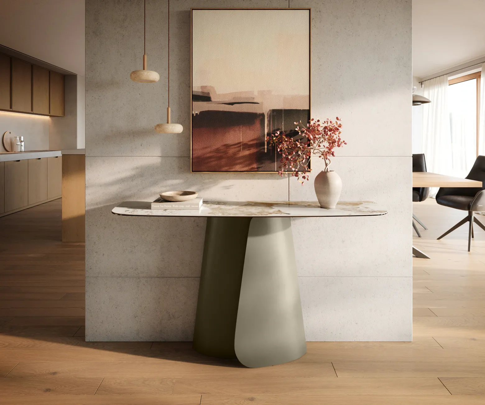 KonsolentischEdge Boot 140x40 cm Keramik Minas Melange Weiß-Beige Livos Metall Effektfinish Titan Sofort versandfertig