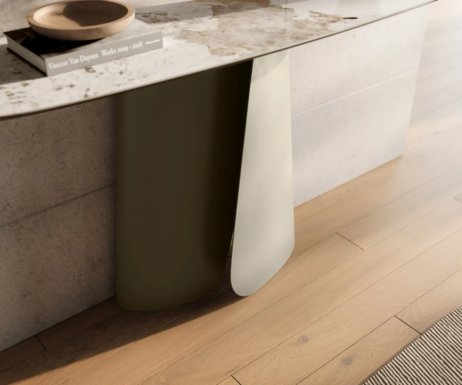 KonsolentischEdge Boot 140x40 cm Keramik Minas Melange Weiß-Beige Livos Metall Effektfinish Titan Sofort versandfertig