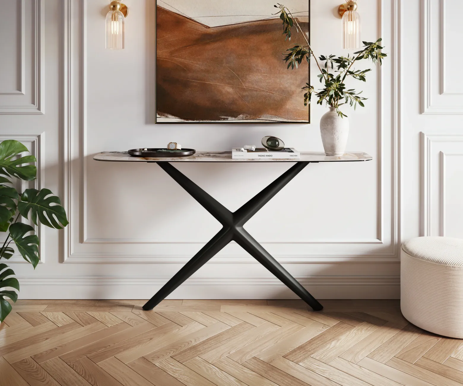 KonsolentischEdge Boot 140x40 cm Keramik Patagonia Poliert Estelo Metall Schwarz Sofort versandfertig