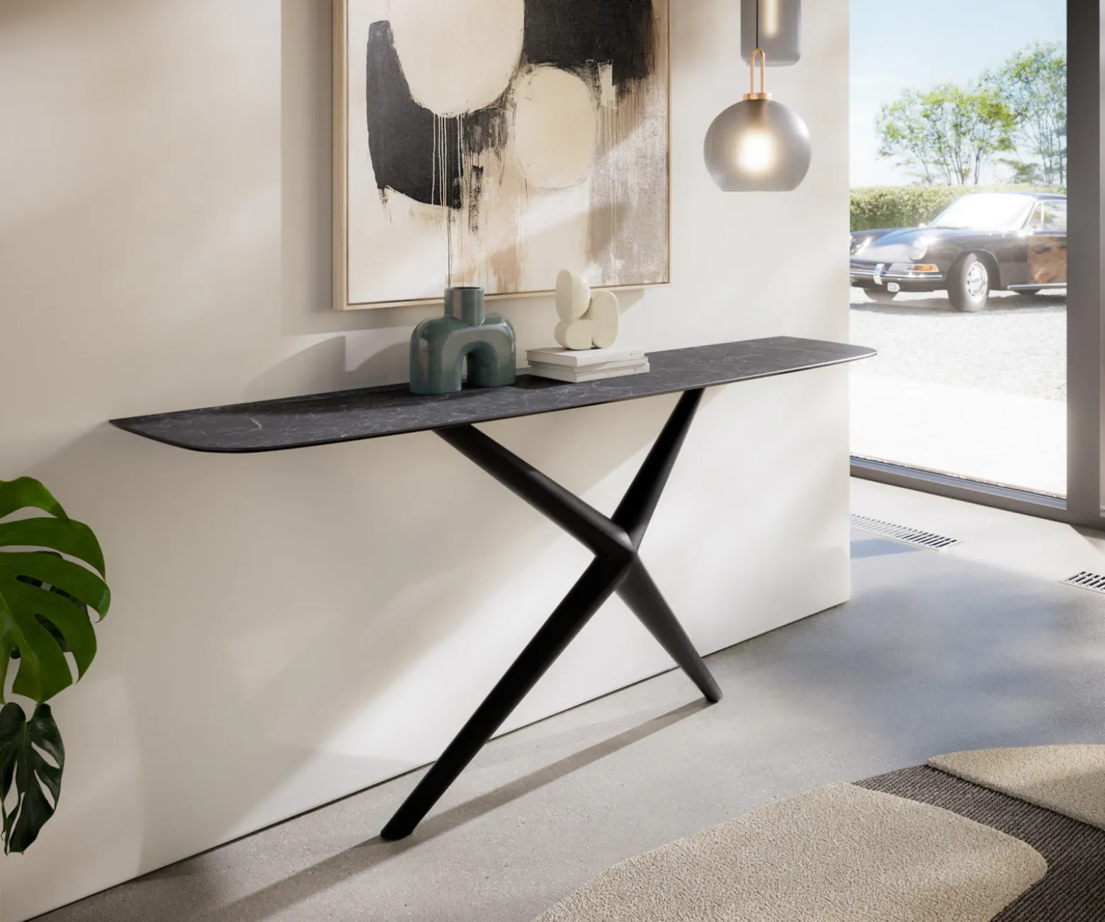 KonsolentischEdge Boot 180x40 cm Keramik Laminam® Nero Greco Anthrazit Estelo Metall Schwarz Sofort versandfertig