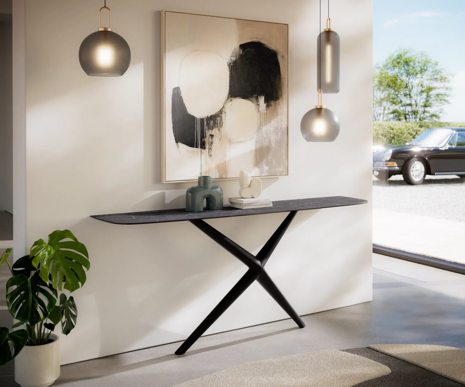 KonsolentischEdge Boot 180x40 cm Keramik Laminam® Nero Greco Anthrazit Estelo Metall Schwarz Sofort versandfertig