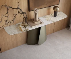 KonsolentischEdge Boot 180x40 cm Keramik Minas Melange Weiß-Beige Livos Metall Effektfinish Titan Sofort versandfertig