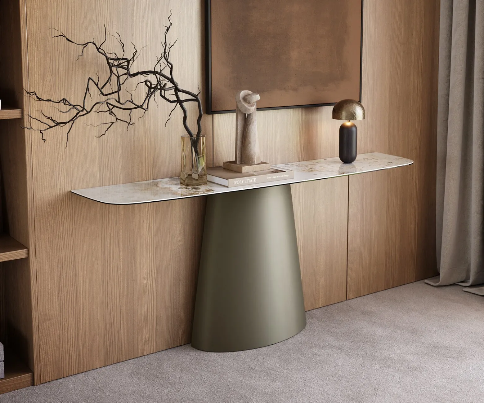 KonsolentischEdge Boot 180x40 cm Keramik Minas Melange Weiß-Beige Conos Metall Effektfinish Titan Sofort versandfertig