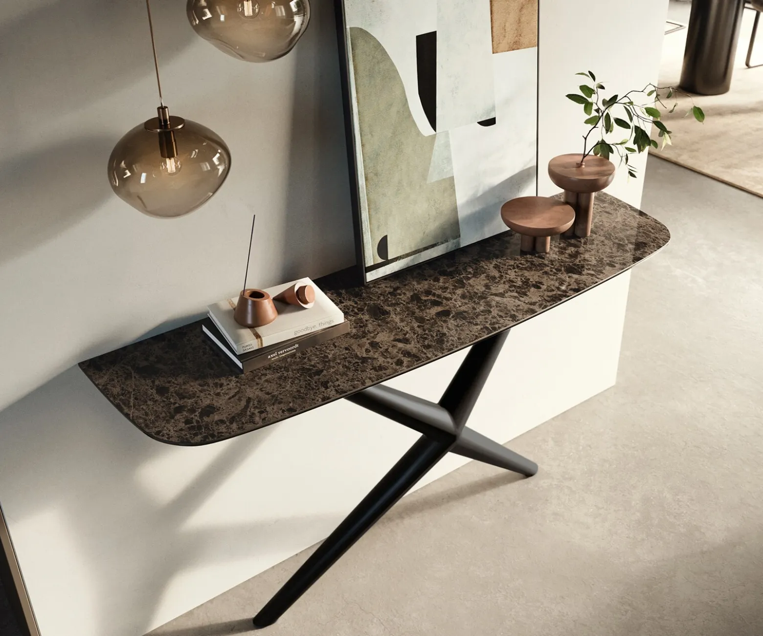 KonsolentischEdge Boot 140x40 cm Keramik Emperador Extra Lucidato Dunkelbraun Estelo Metall Schwarz Sofort versandfertig