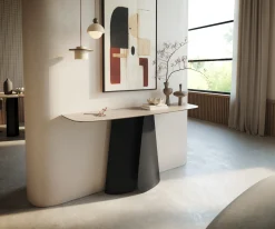 KonsolentischEdge Boot 140x40 cm Keramik Laminam® Travertino Bianco Creme-Weiß Livos Metall Schwarz Sofort versandfertig