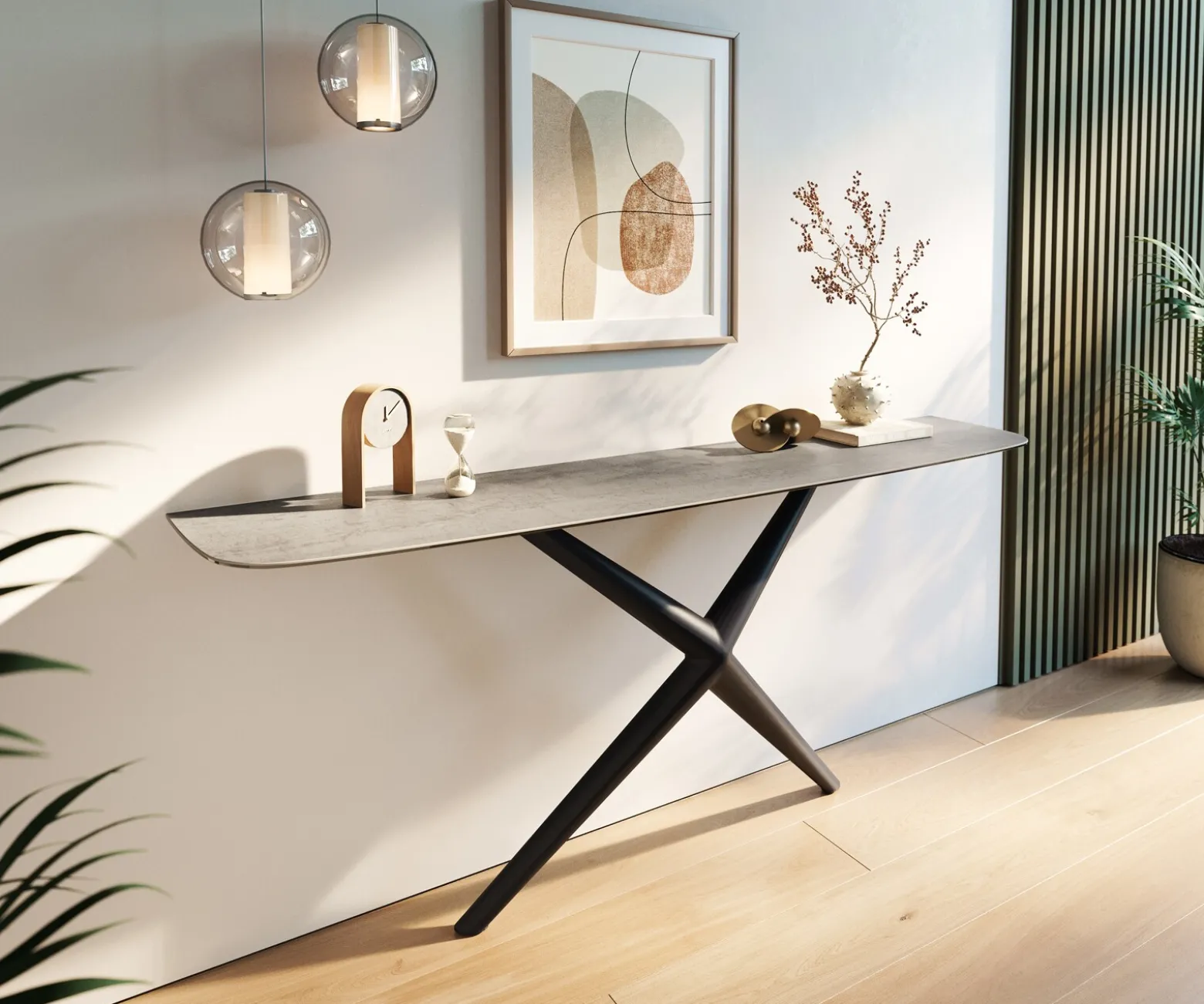 KonsolentischEdge Boot 180x40 cm Keramik Beton Grau Estelo Metall Schwarz Sofort versandfertig