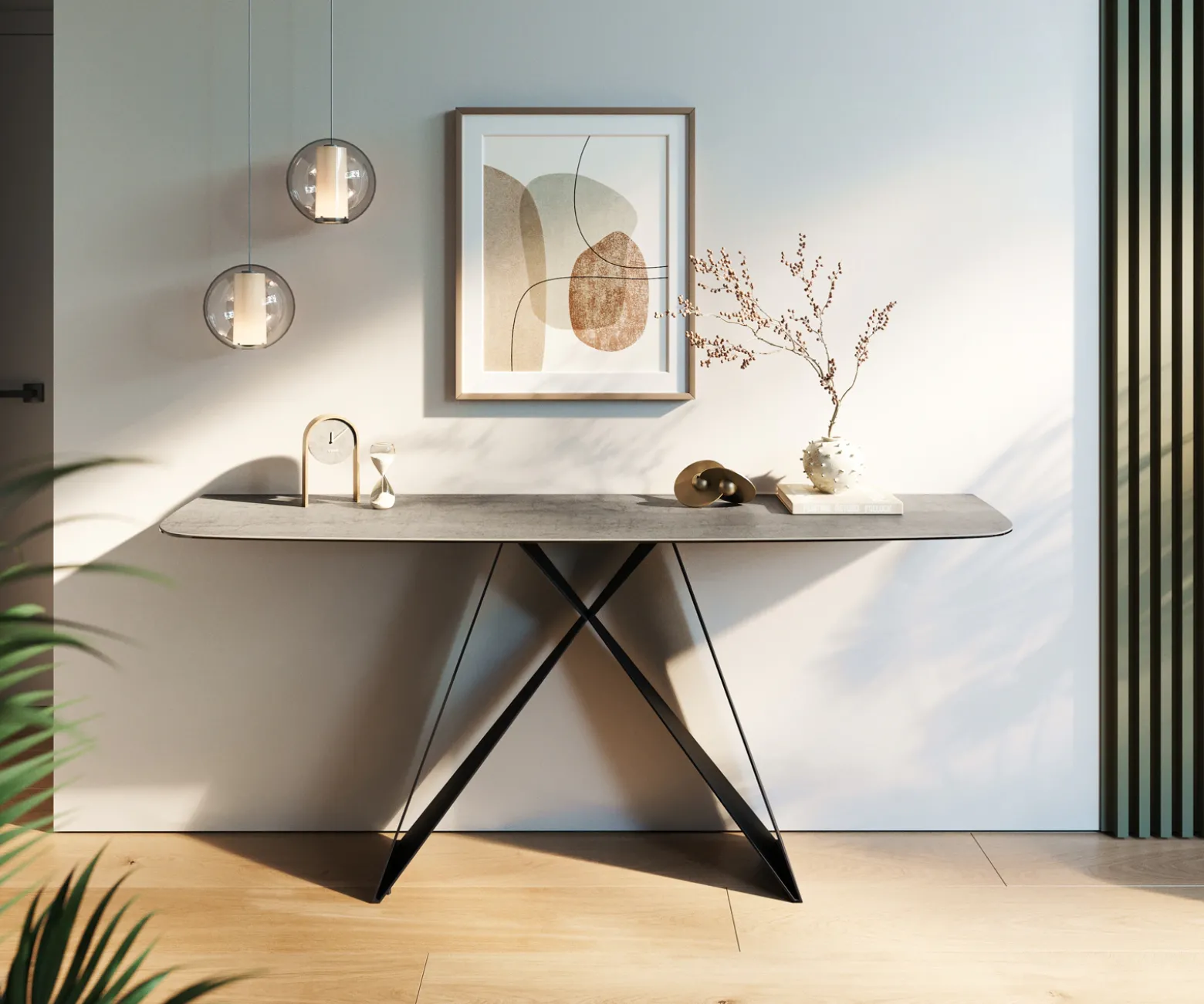 KonsolentischEdge Boot 180x40 cm Keramik Beton Grau Velio Metall Schwarz Sofort versandfertig