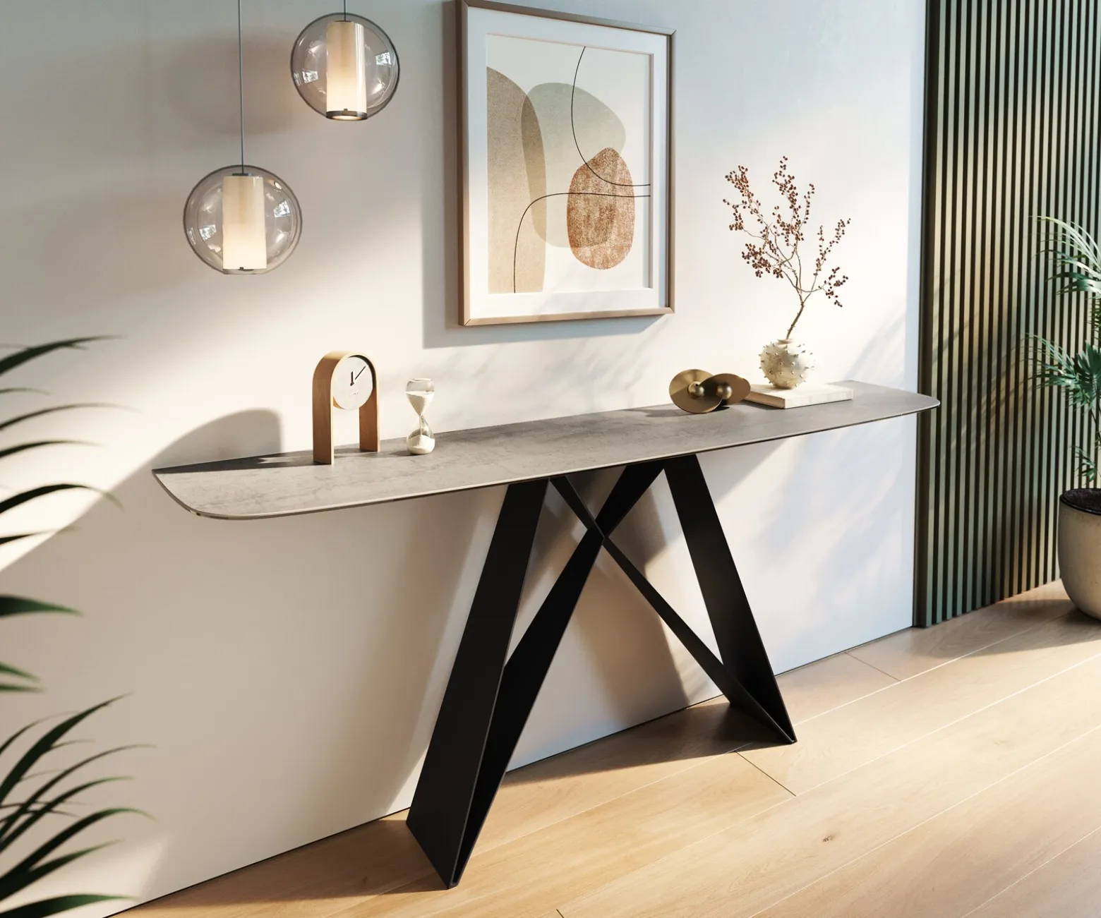 KonsolentischEdge Boot 180x40 cm Keramik Beton Grau Velio Metall Schwarz Sofort versandfertig