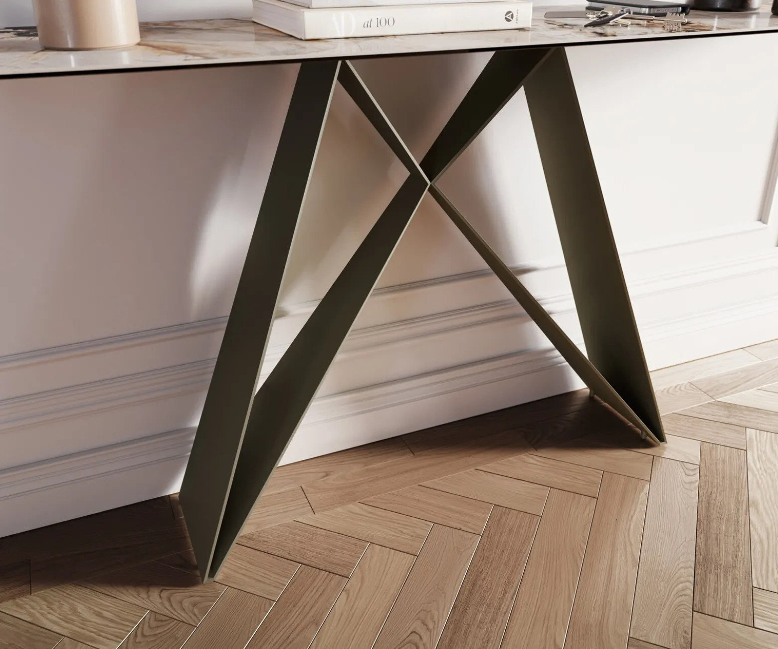 KonsolentischEdge Boot 180x40 cm Keramik Patagonia Poliert Velio Metall Effektfinish Titan Sofort versandfertig